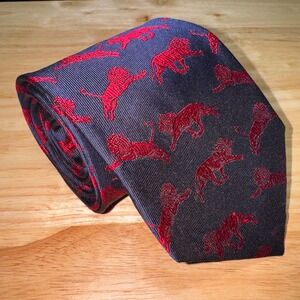 Ben Silver Cravate Navy Blue Red Silk Lion Motif Embroidered Necktie Classic 3.5